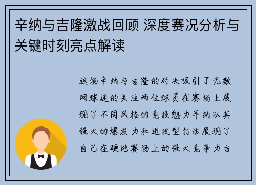辛纳与吉隆激战回顾 深度赛况分析与关键时刻亮点解读