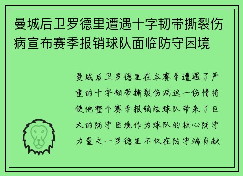 曼城后卫罗德里遭遇十字韧带撕裂伤病宣布赛季报销球队面临防守困境 曼城后卫罗德里遭遇十字韧带撕裂伤病宣布赛季报销球队面临防守困境